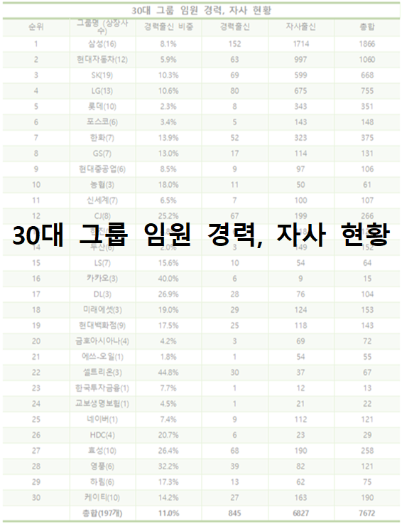 30대 그룹 임원 경력, 자사 현황